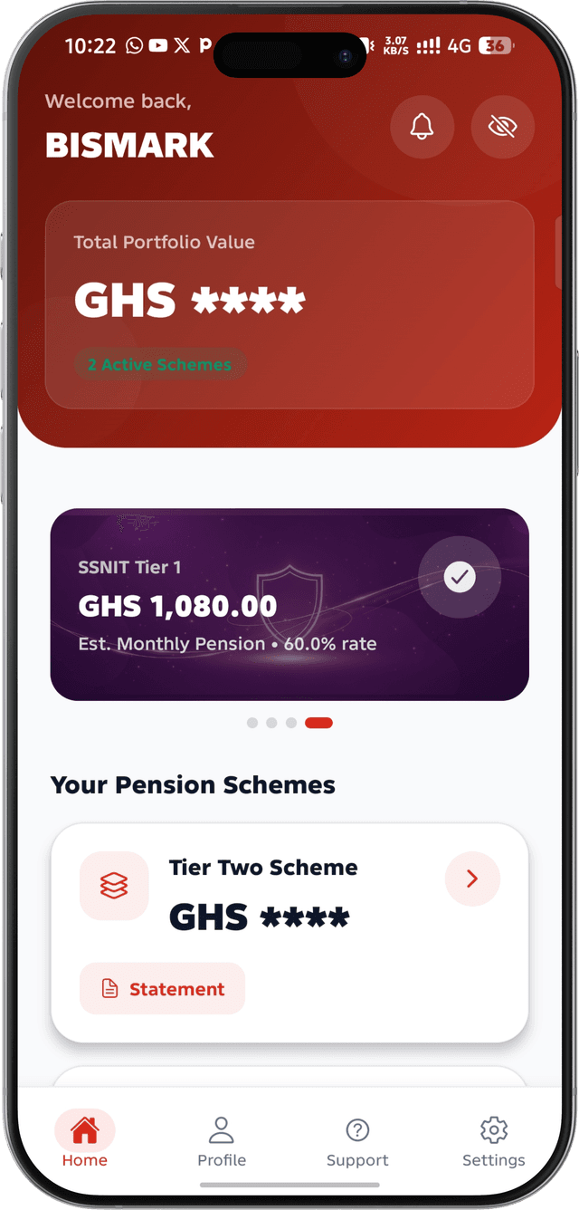 Standard Pensions mobile app dashboard showing pension balance and scheme overview